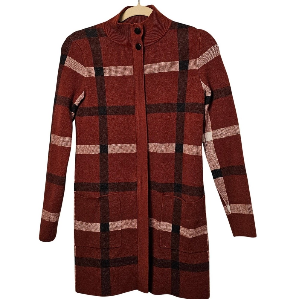 Tahari XS Plaid Sweater Coatigan Rust Brown Grid Long Knit Cardigan Pockets EUC‎